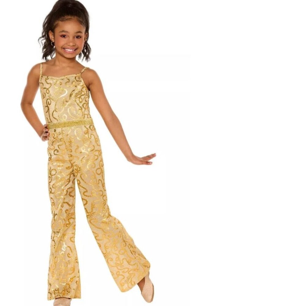 Barbie Movie Disco Halloween Costume 7/8 Gold Jumpsuit Girls 1 Pc